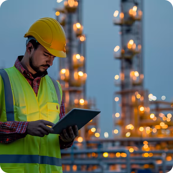 Trabalhador da construção civil com capacete amarelo e colete refletivo usando um tablet, com uma fábrica industrial desfocada iluminada ao fundo, ao entardecer.